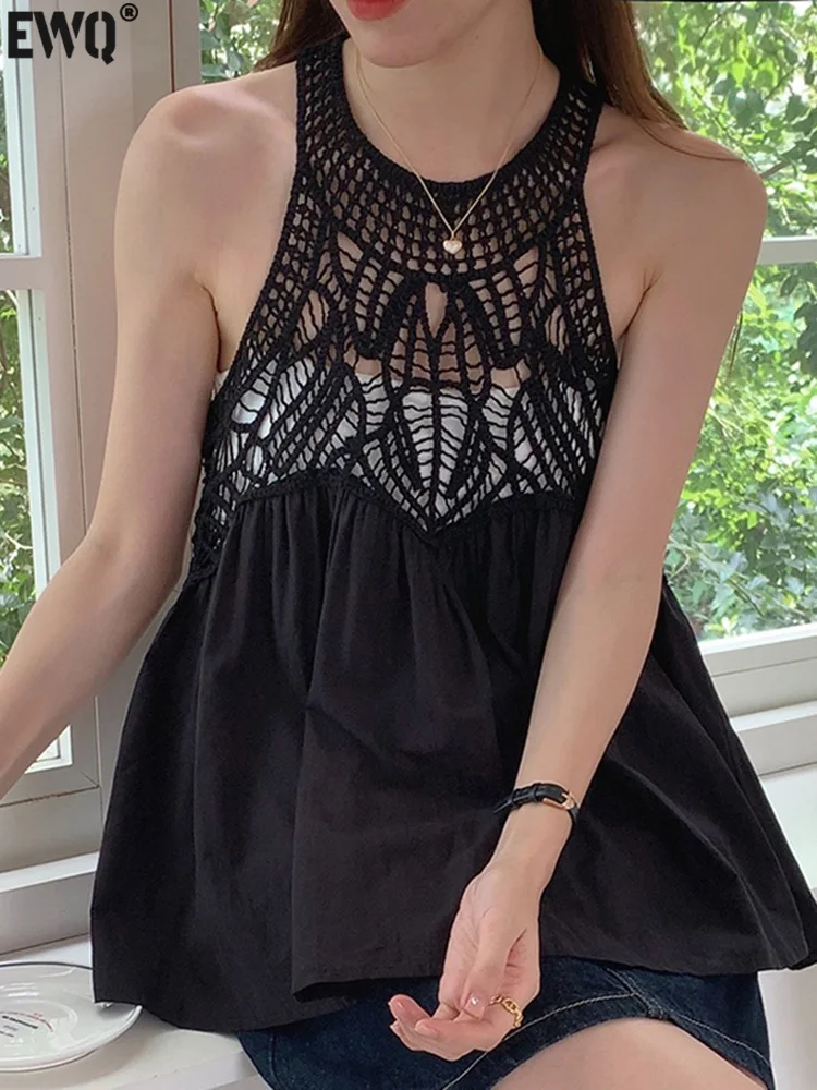 Женская блузка без рукавов [EWQ] сеточная с круглым вырезом и вставками