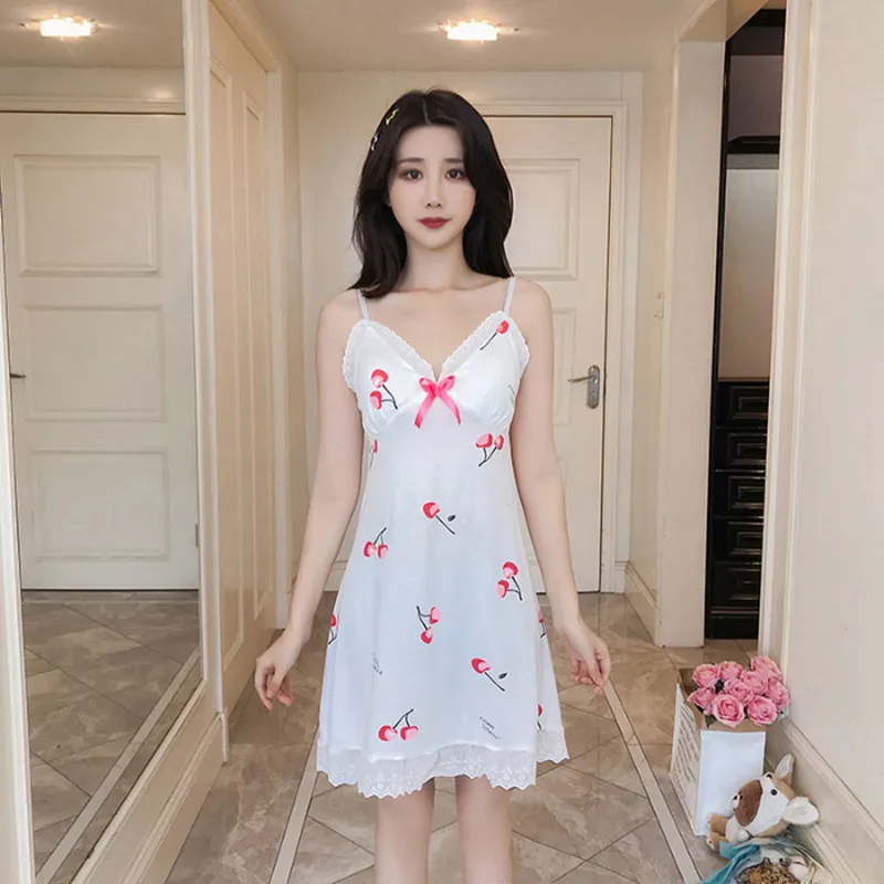 Summer New Women's Nightdress Suspenders Sexy V-neck Thin with Chest Pad Home Service Sleepwear Women Nightwear Sleep Tops