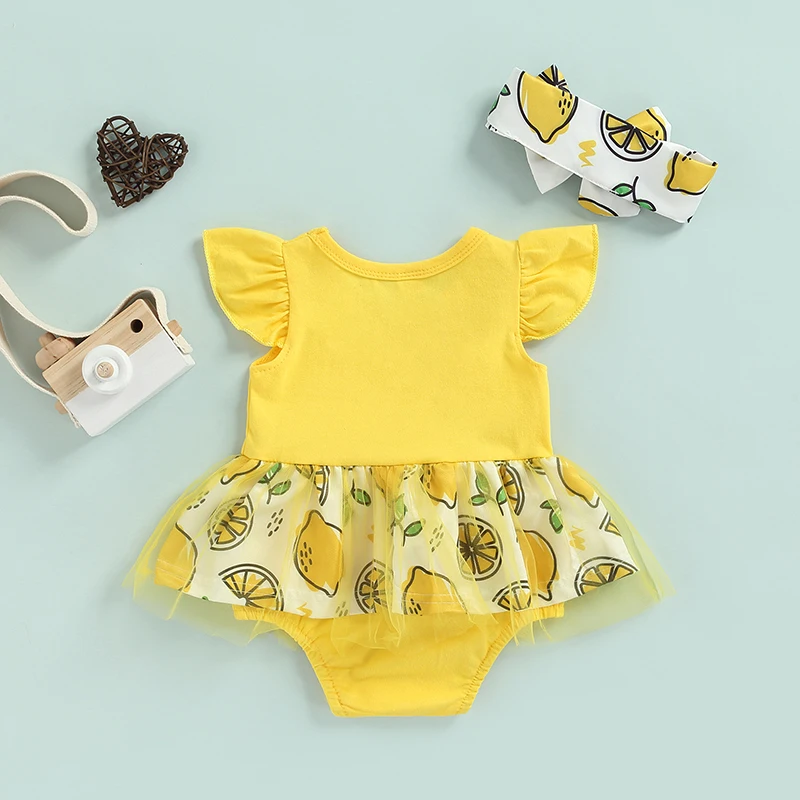 

0-18 Months 2pcs Baby Girls Summer Outfit, Lemon Print Flying-sleeve Romper Dress + Hairband for Toddler