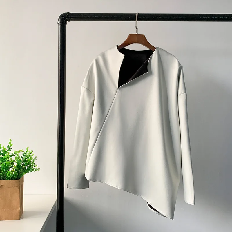 Women Blouse Nordic Niche Designer Gloss Texture Asymmetrical Tops Slant Collar Shirt