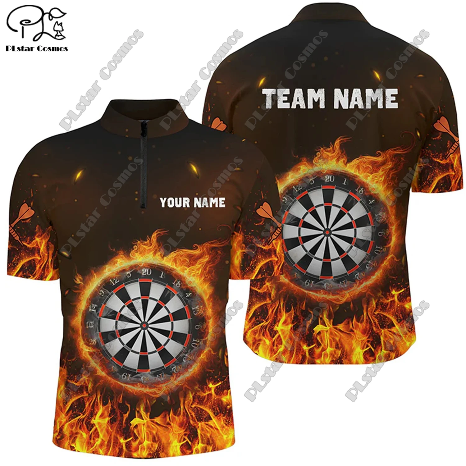 Новинка рубашка-поло унисекс с 3D-принтом пламени воротником-стойкой и молнией