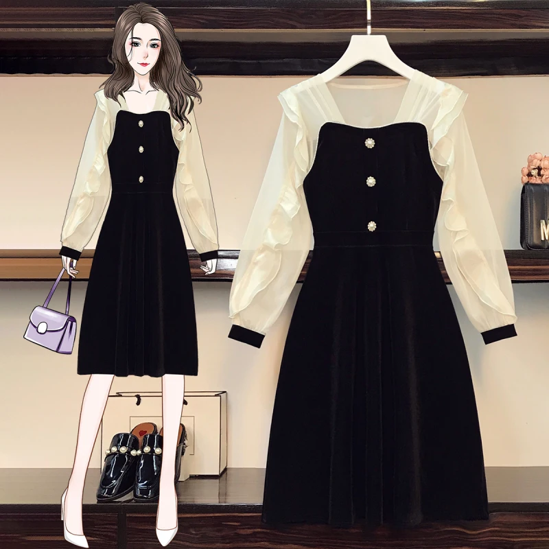 

Fashion Vintage Velvet Black Dress Stand Neck Lantern Sleeve Party Robe High Waist Slim Vestidos Korean Elegant Dresses Women