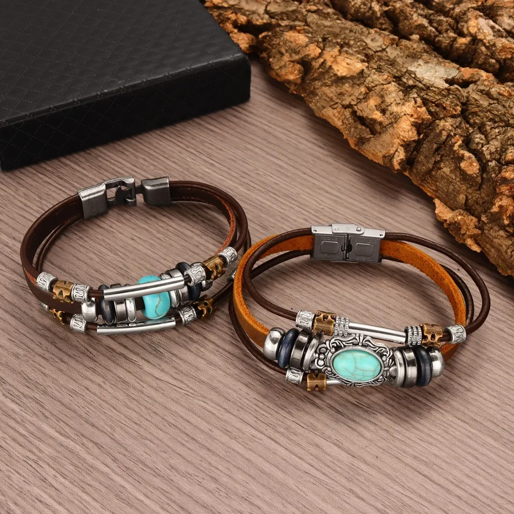 Кожаный браслет ручной работы с бусинами