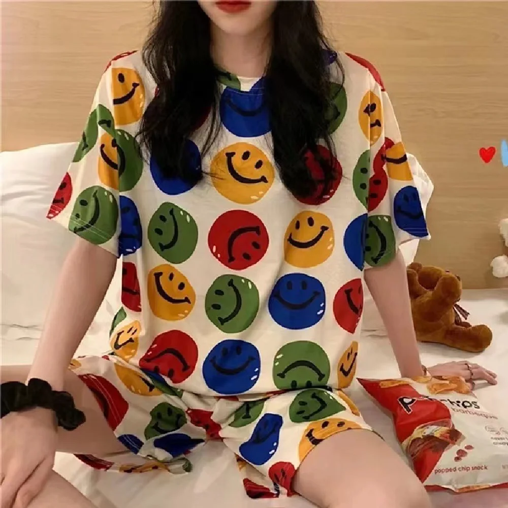 

2023 Korean Pyjama Cartoon Piyama Dama Ladies Daster Baju Tidur 1 Set Short Sleeves And Long Pants Pajamas 2 Piece Pajamas Women