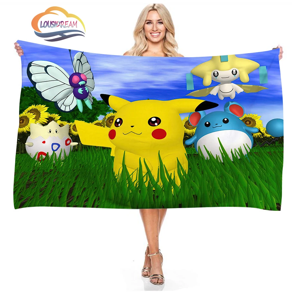 Милое пляжное полотенце Pikachu Покемон микрофибра двустороннее бархатное для