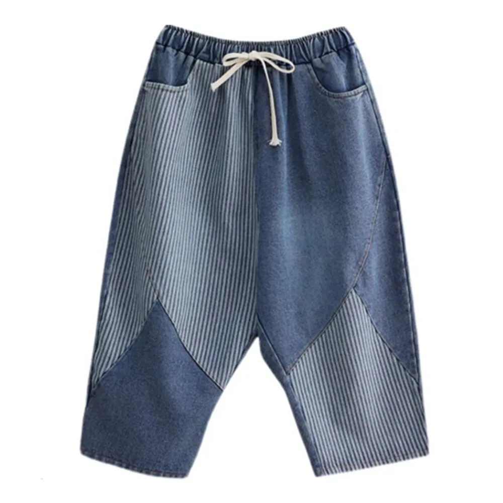 

Женские джинсовые брюки с эластичным поясом, повседневные винтажные мешковатые брюки Y2K в стиле ретро, укороченные брюки в стиле пэчворк