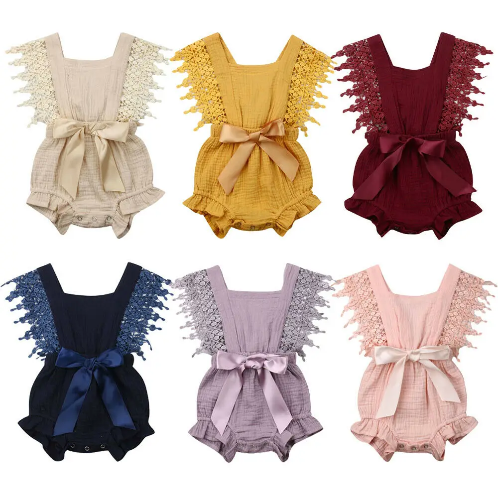 

Baby Girl Casual Solid Color Cotton Linen Bodysuits Cute Bow Romper 0-24M Newborn Infant Toddler Summer Sleeveless Jumpsuits