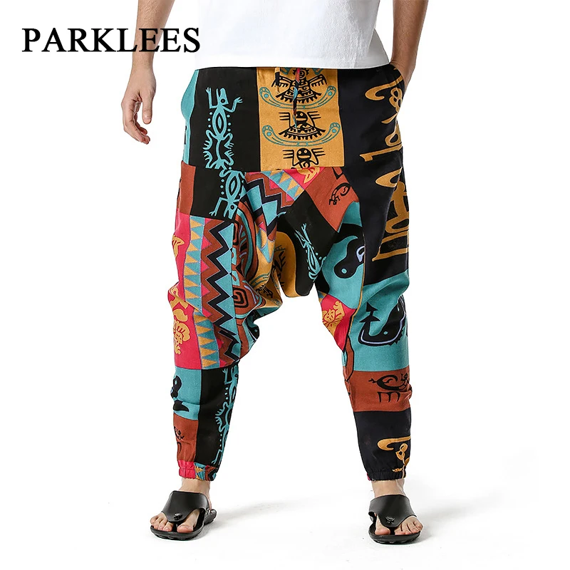 

Parklees Mens Baggy Hippie Harem Pants Loose Casual Cotton Linen Drop Crotch Pants Male Genie Boho Yoga Beach Jogging Trousers