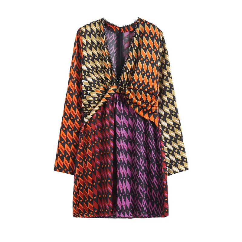 

Evfer Chic Lady Fashion Geometric Patchwork Print High Waist Za Dresses Girls V-Neck Bead Decoration Slim Dress Women Mini Dress