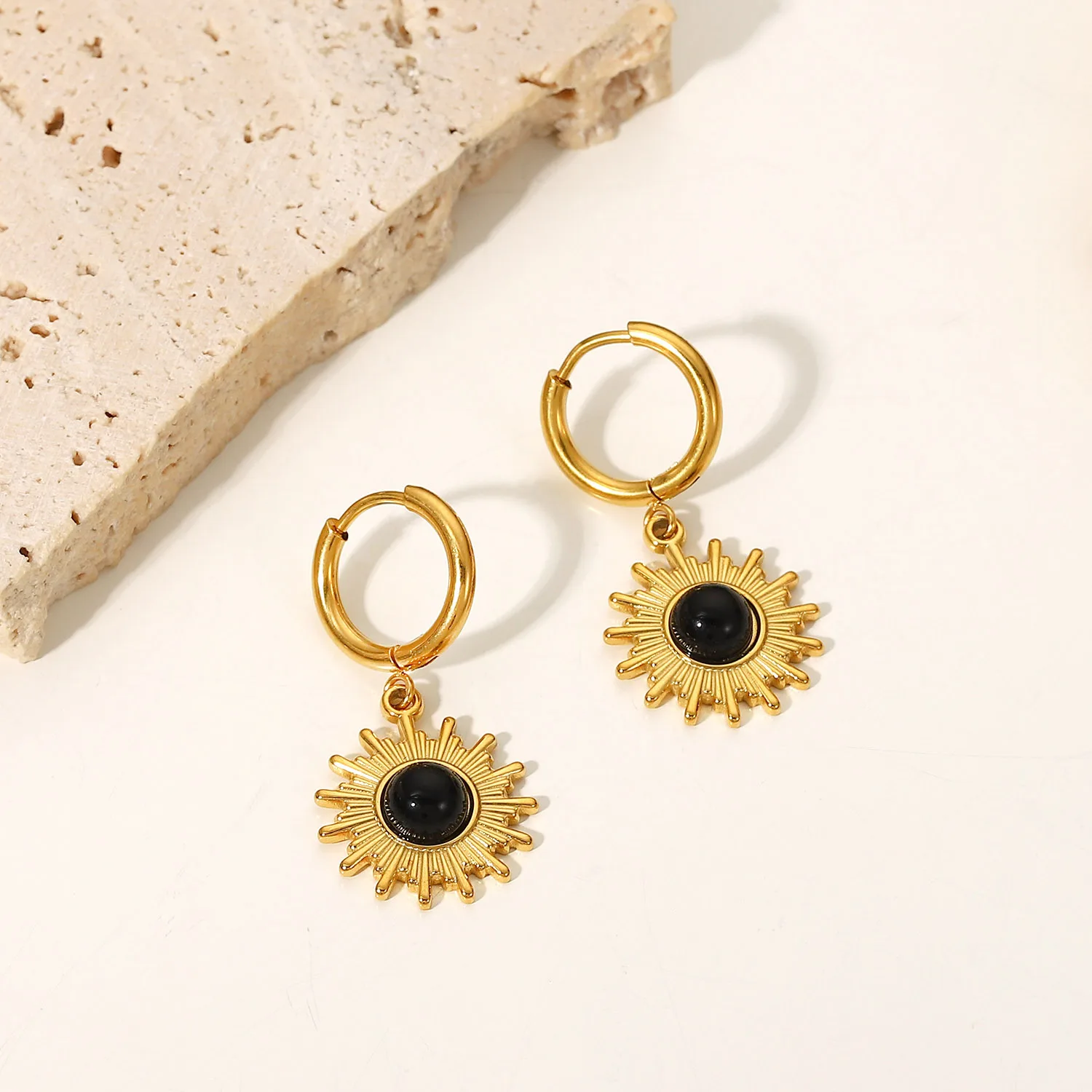 Stainless Steel PVD 18K Gold Plated Tarnish Waterproof Black Stone Sun Drop Earrings For Woman Jewelry Wholesale Trendy