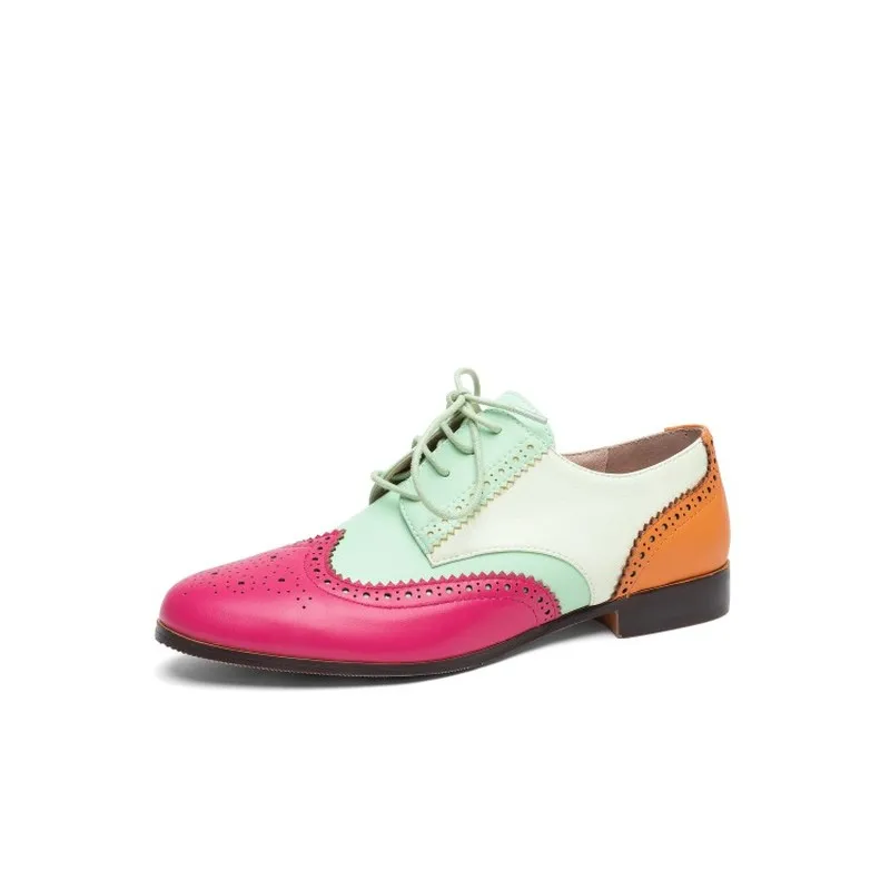 

Womens Round Toe Match Colors Brogue Lace Up Carved Wingtip Shoes Creepers Oxfords Genuine Leather Plus Size 3Colors New 2022