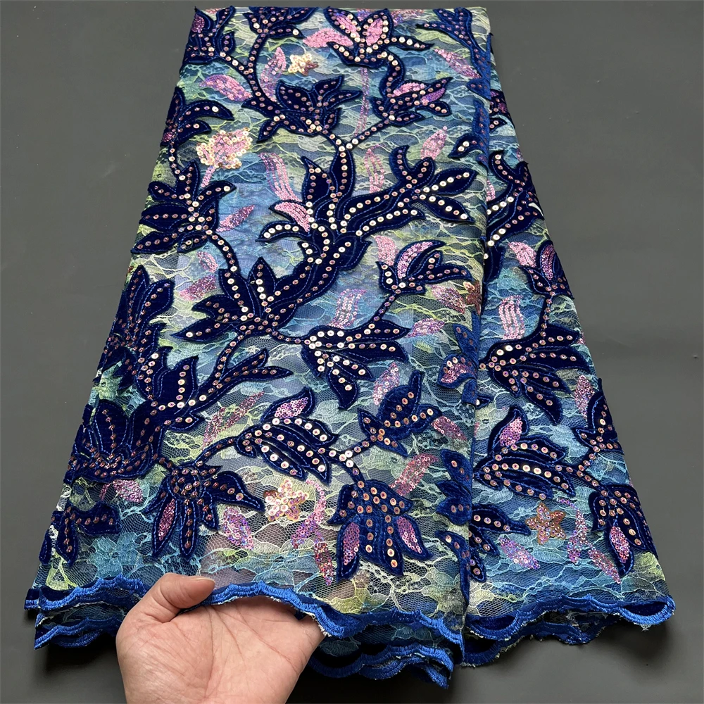 

2022High Quality African Nigerian Lace FabricFor Sewing Velvet Sequins Embroidered Cord Guipure Wedding Party Dress 5Yards