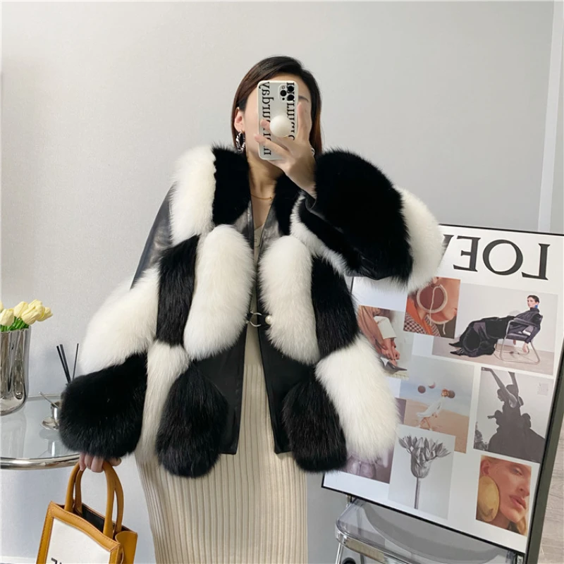 

RosEvans Vintage New High Quality Patchwork Natural Fox Fur Sheep Skin Coat Women V-neck Long Sleeve Fashion Winter Fur Jacket