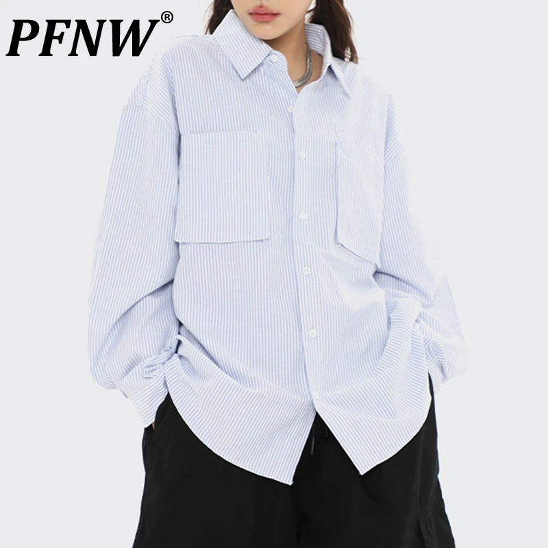 

Мужская рубашка с отложным воротником PFNW, однобортная рубашка в полоску, с отложным воротником, Асимметричная Длина, весна-осень, 12A7904