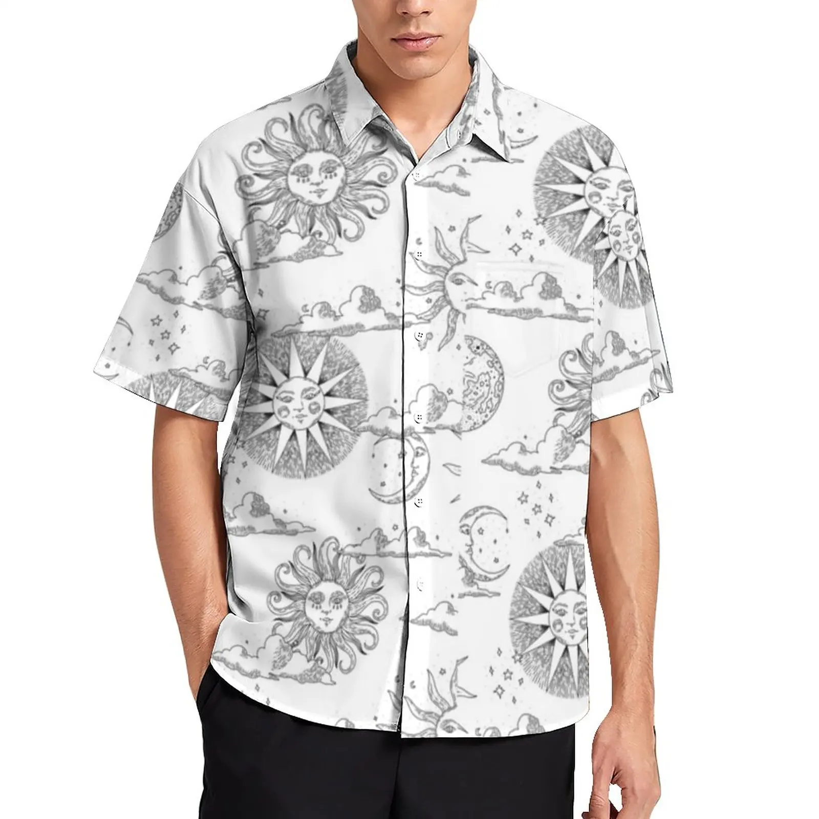 

Symbol Art Print Daily Shirt Black Sun And Moon Casual Shirts Man Fashion Blouses Summer Short-Sleeved