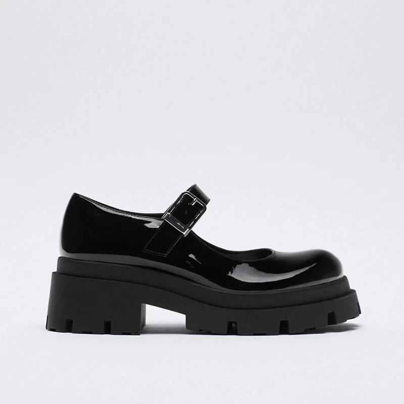TRAF Black Shoes For Women High Heels Fashion Round Toe Mary Jane Women Patent Faux Leather Student Shoes Platform Girl Heels