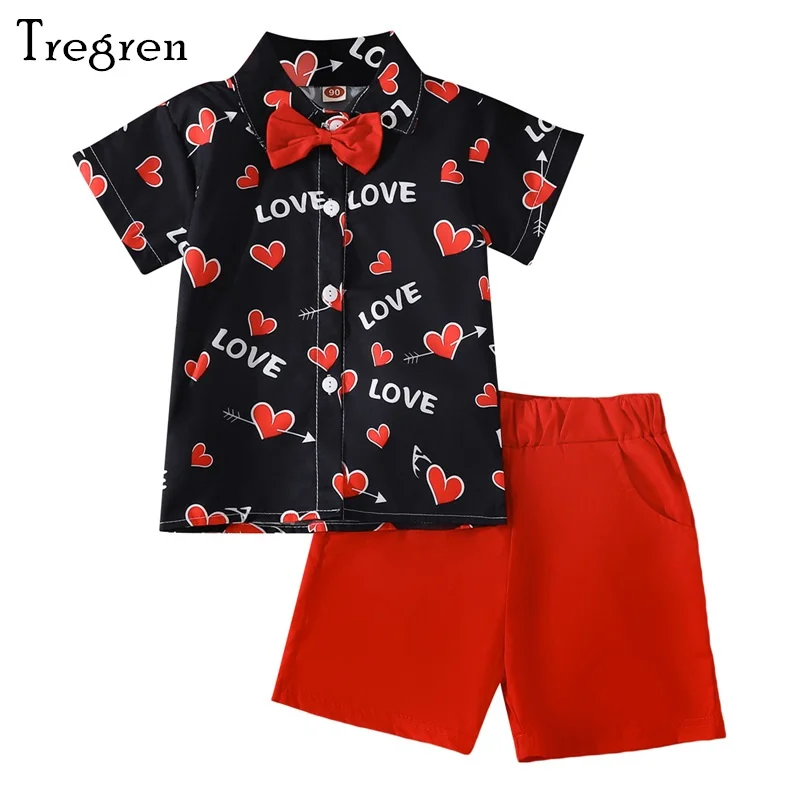 

Tregren Kids Boys 2Pcs Gentleman Clothes Set Valentine's Day Outfits Heart Letter Print Bowtie Short Sleeve Shirts Tops + Shorts