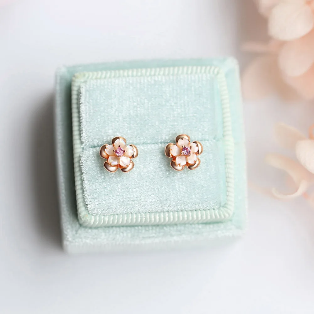 

Sakura 925 Silver Stud Earrings For Girl Women Natural Pink Shell Mini Flower 18K Rose Gold Plated Fine Jewelry LMEI096