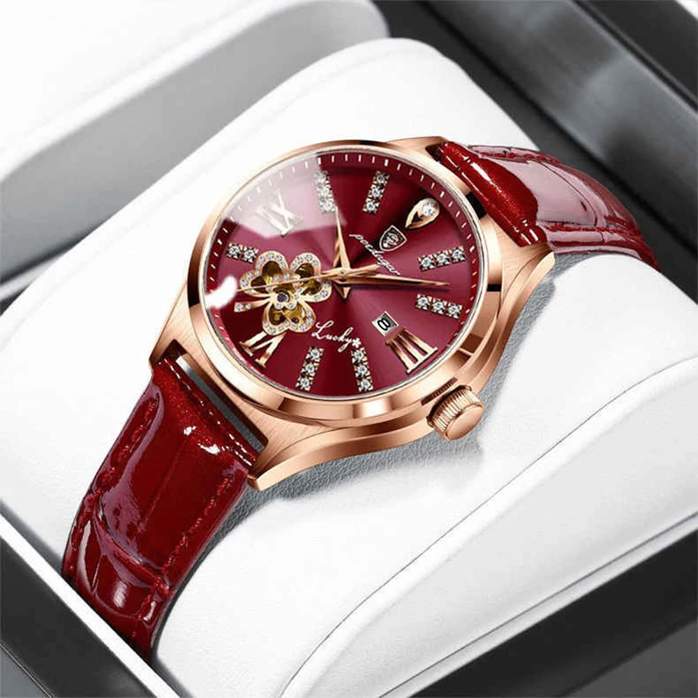 

POEDAGAR Watch Women Diamond Leather Quartz Wristwatch Waterproof Luminous Rose Gold Wine Red Ladies Watches Girlfriend Gift