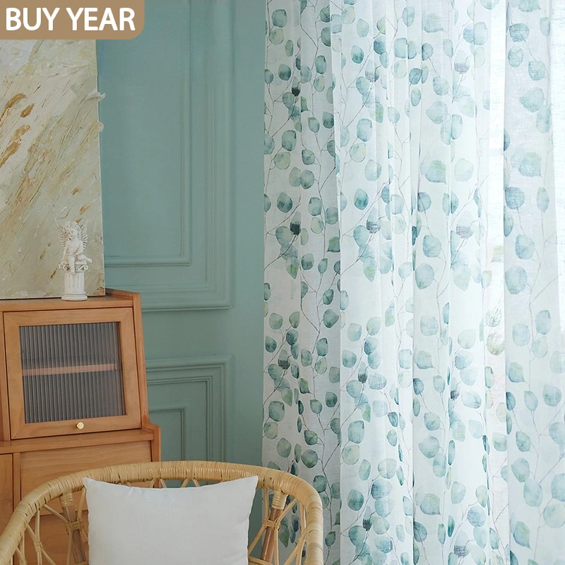 Modern Curtains for Living dining Room Bedroom Pastoral Linden Leaf Green Window Screen French Window tulle curtains