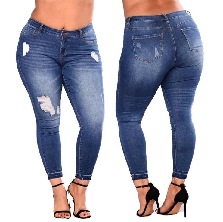 

Women's Jeans Women Elastic Broken Pants Ripped Denim Torn Slim Rivets Boyfriend For Pocket Zipper