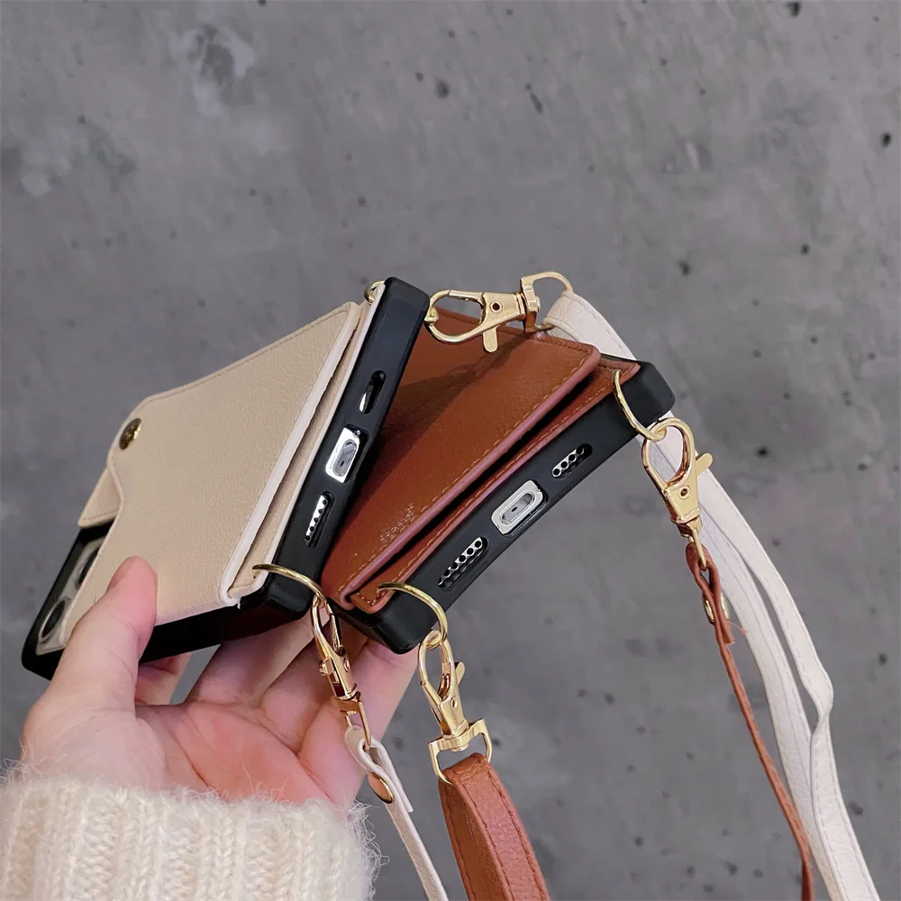 Luxury Wallet Card Holder Phone Case for iPhone 13 Pro Max 12 11 XR X XS 7 8 Plus SE2020 Shockproof Back Cover with Long Lanyard