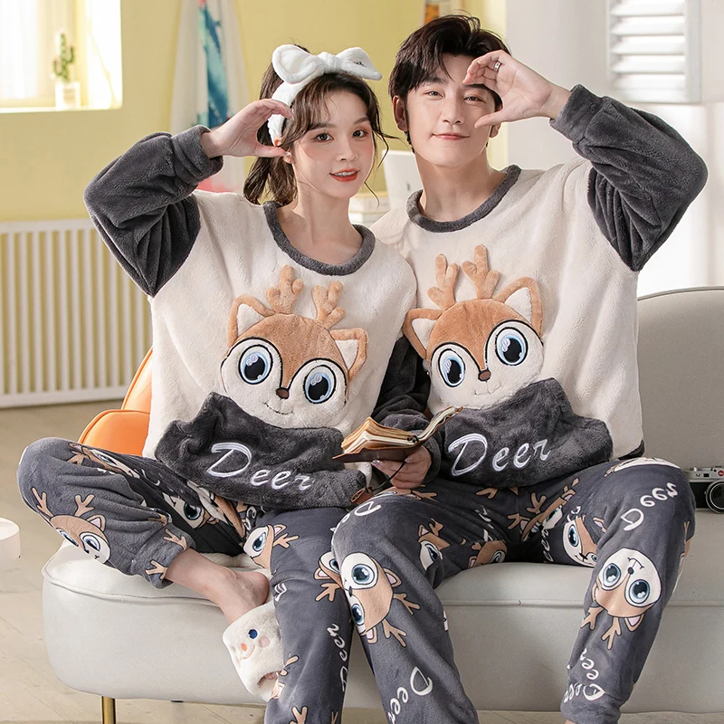 32 Style New Warm Flannel Plush Winter Couple Pajama Sets Long Sleeve O-Neck Pyjamas For Women Men Lover Clothing Sweet Cartoon