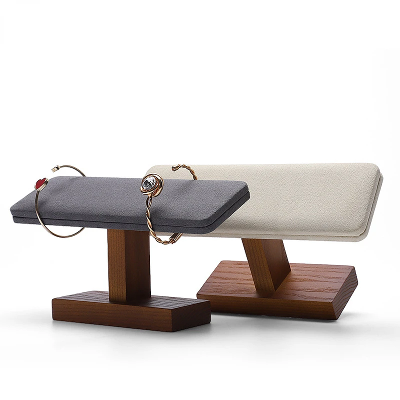 T Shaped Solid Wood Watch Display Stand with Microfiber Jewelry Organizer Rack Bracelet Storage Holder
