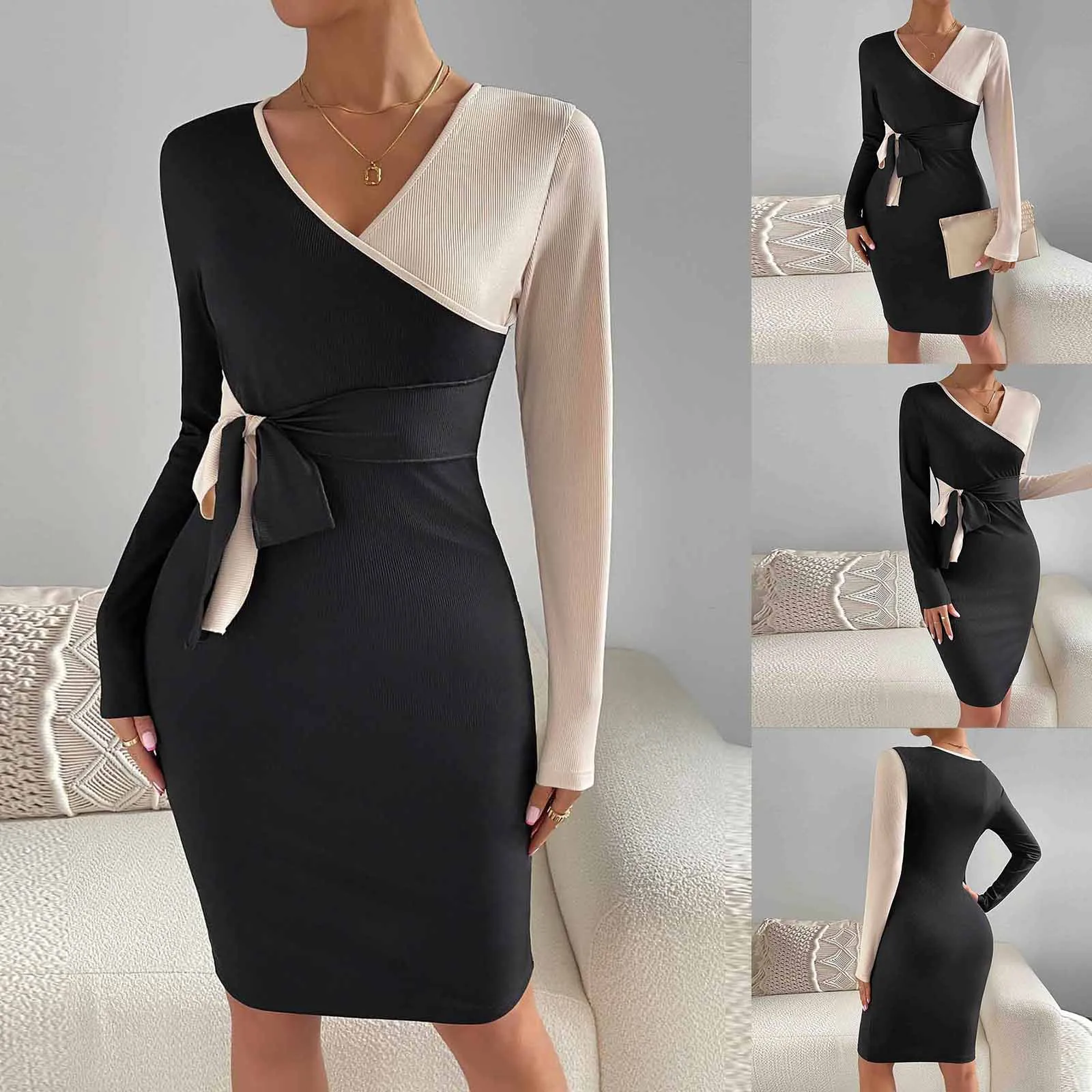 

Women's Summer Dress 2023 Fashion Collision Splicing Slim Long Sleeve Sexy Hip Dress Ladies Luxury Mini Dress Free Shipping