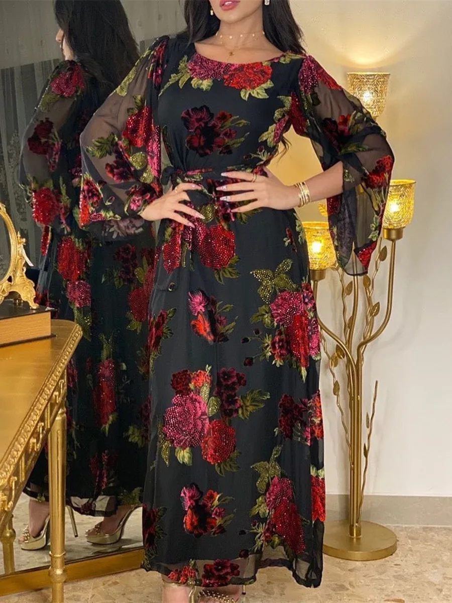 

Eid Djellaba Abaya Muslim Dress Women Dubai Shiny Beading Dubai Lace Embroidery Muslim Dress Islam Abayas Belt Kaftan Kameez