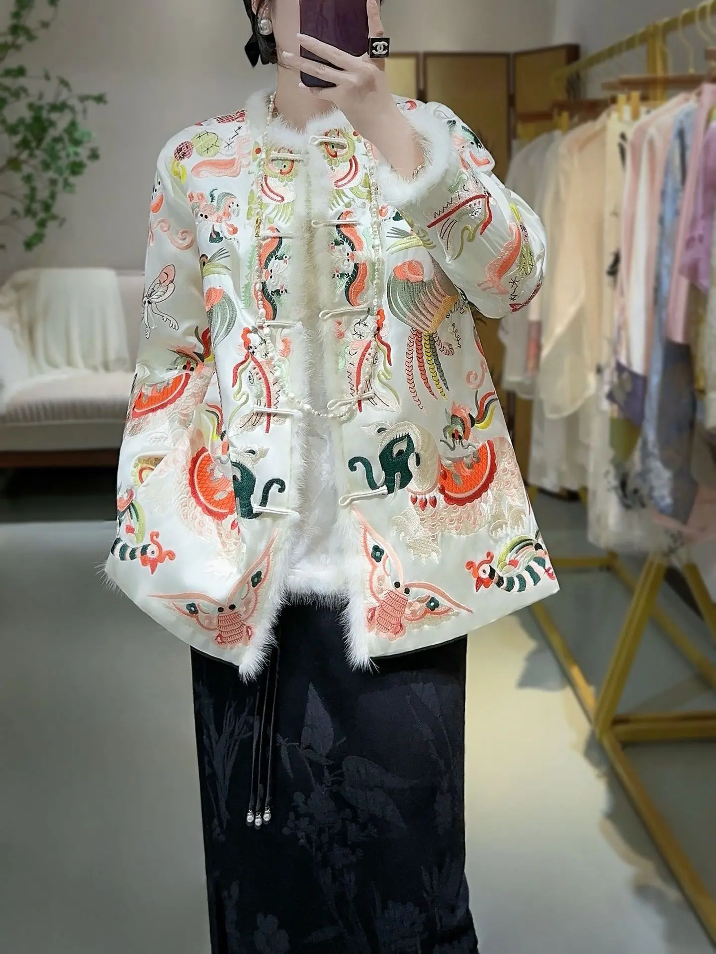 Высококачественное зимнее женское теплое пальто с вышивкой в стиле ретро