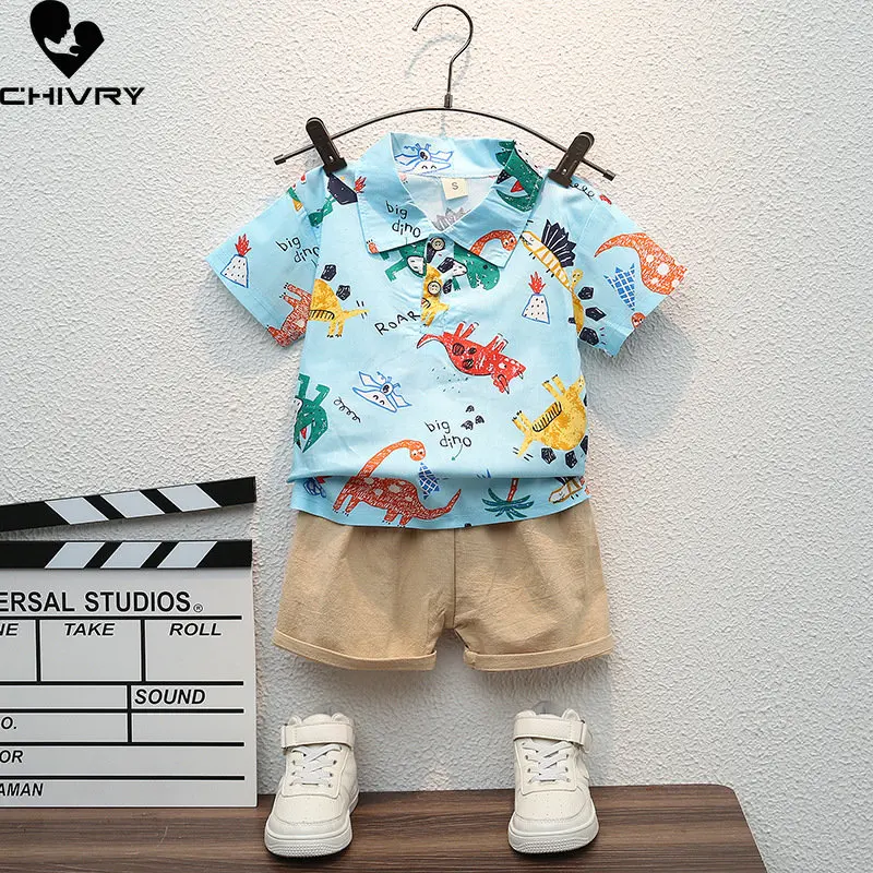 

Boys Summer Clothing Suit New Baby Boy Short Sleeve Lapel Cartoon Dinosaur T-shirt Tops with Shorts Kids Casual Clothes Sets