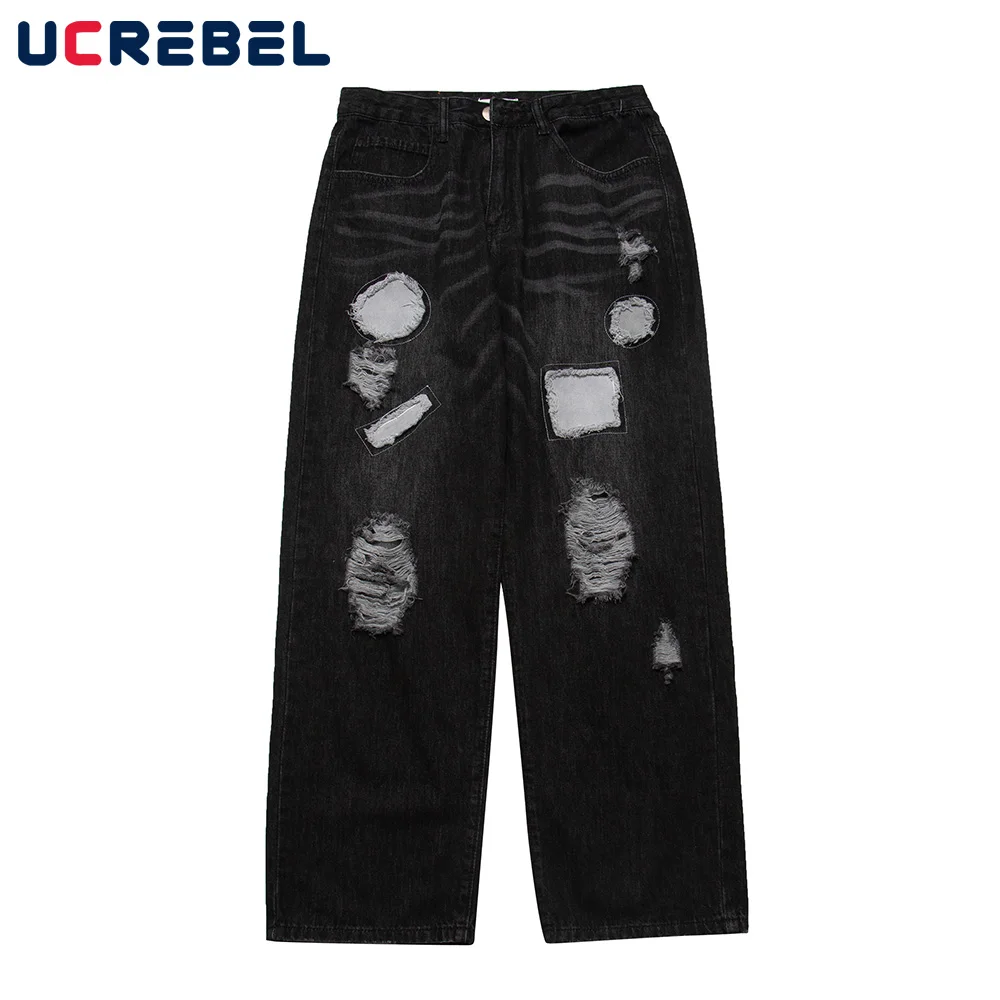 

Ripped Hole Baggy Jeans Mens Streetwear Patch Straight-leg Pants Casual Denim Pants Men Trousers