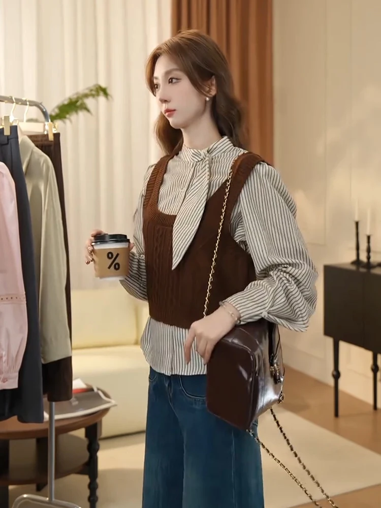 Рубашки в полоску стиле ретро уличный сложенный вязаный жилет комплект из двух