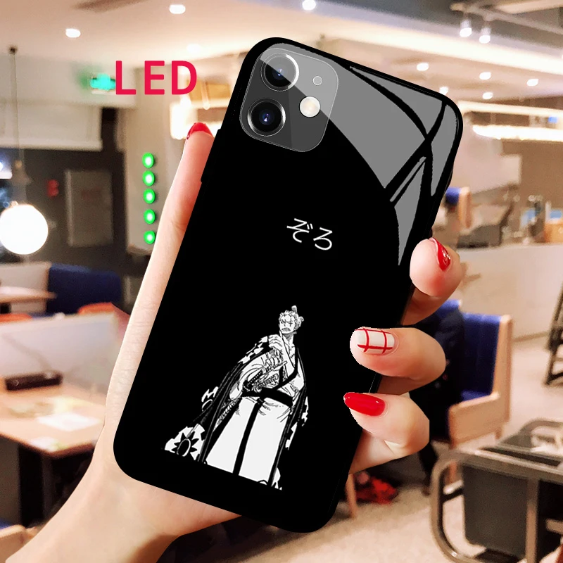 

ONE PIECE Luminous Tempered Glass phone case For Apple iphone 12 11 Pro Max XS mini Acoustic Control Protect LED Backlight cover