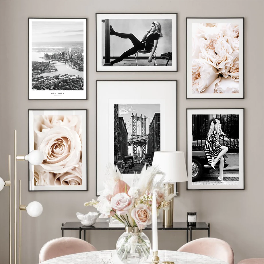 Черно-белый пейзаж лондонского моста плакат женщина розы цветы настенное