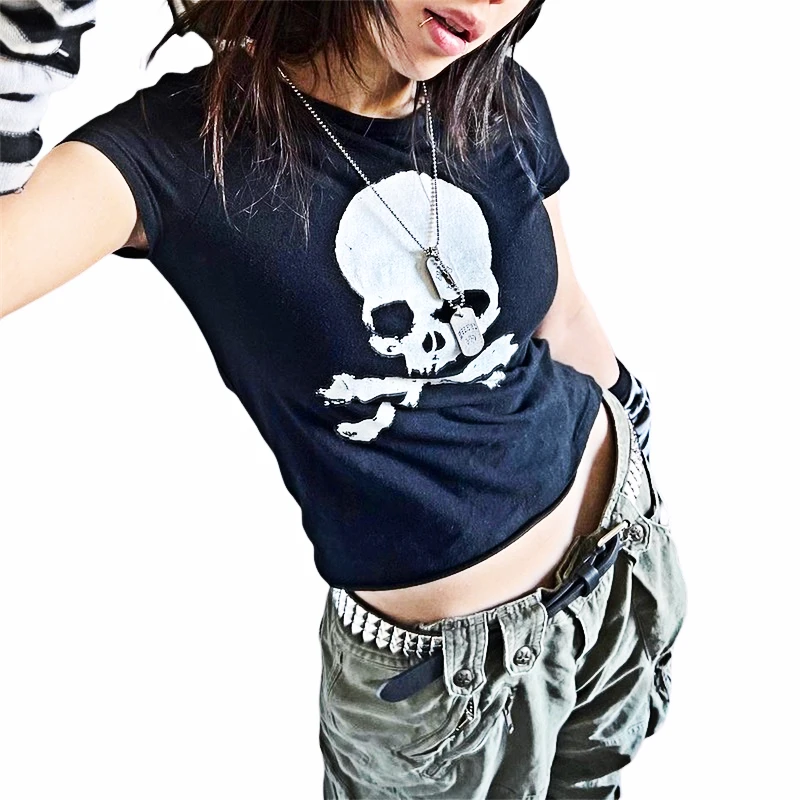 

Gothic Skull Punk Streetwear Women's Tee Summer Casual 90s Vintage Grunge Graphic Print Short Sleeve Slim Crop Topwomen T-shirt