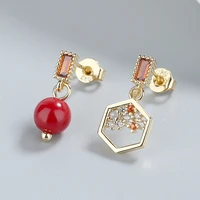 womens classic vintage stud earrings multicolor crystal red bead geometric hollow female asymmetrical earring jewelry best gift
