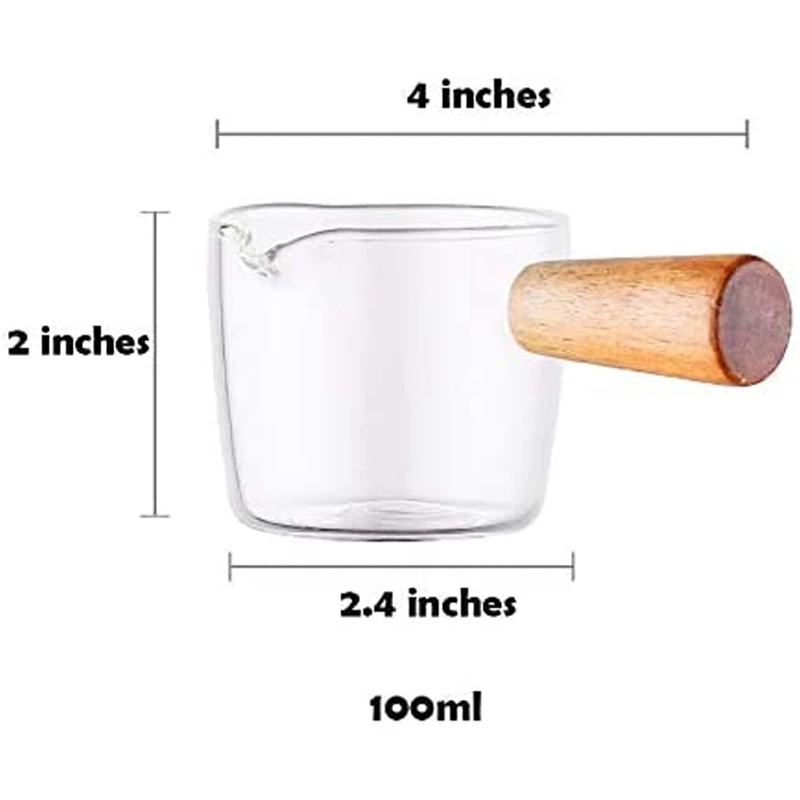 

2PCS Transparent Glass Creamer with Wooden Handle, Mini Coffee Milk Creamer Pitcher. 100Ml