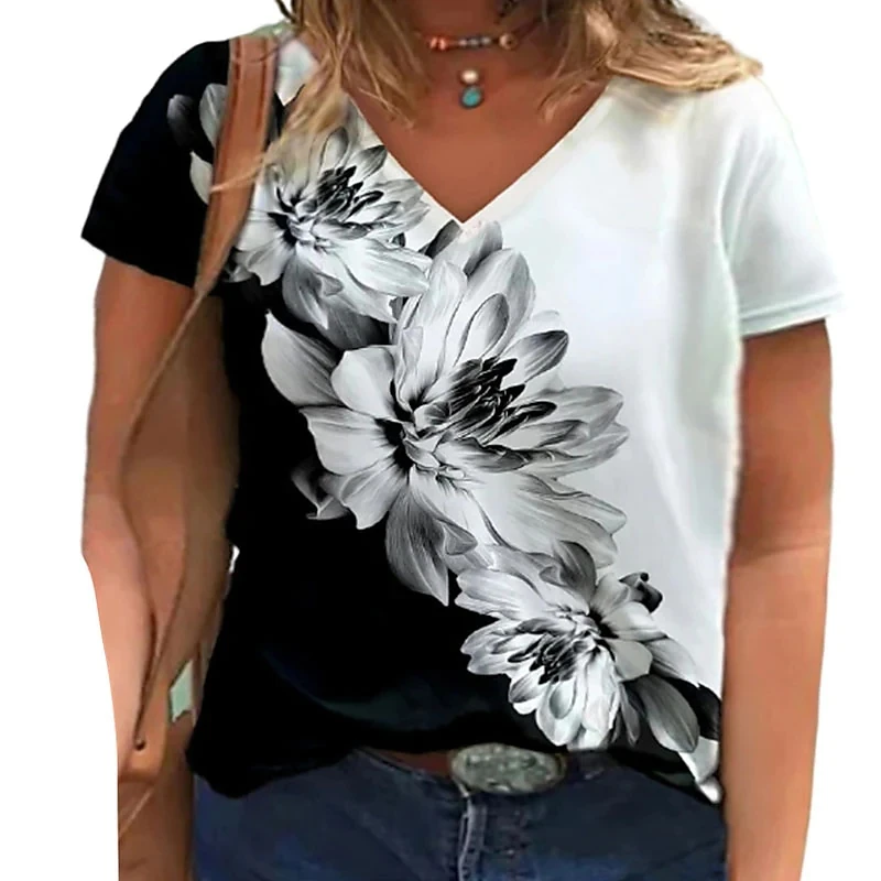 

Women's T shirt Tee Black Floral Butterfly Print Short Sleeve Casual Weekend Basic V Neck Regular Butterfly Flamingo Painting S