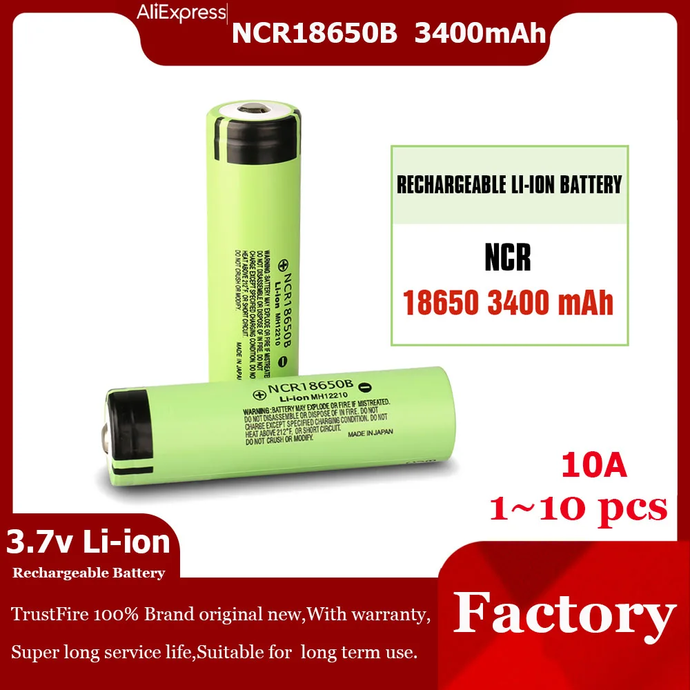 

NCR18650B Battery Lithium 3.7V 3400Mah Power Button Top Original Rechargeable Batteries For Toy Flashlight Toothbrush (NO PCB)