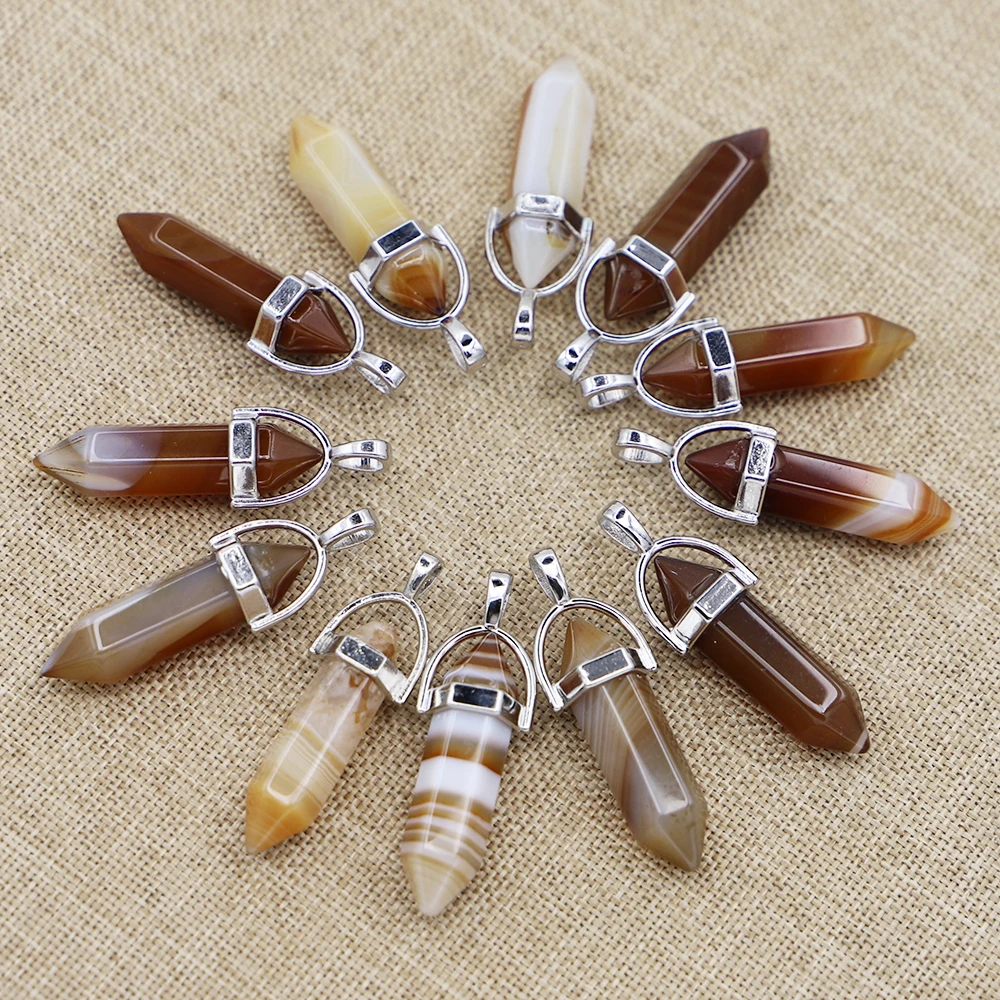 

New Natural Stone Brown Agate Point Pillar Pendants Charms Hexagonal Column For Diy Women Jewelry Accessories Necklaces 24Pcs