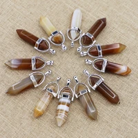 new natural stone brown agate point pillar pendants charms hexagonal column for diy women jewelry accessories necklaces 24pcs