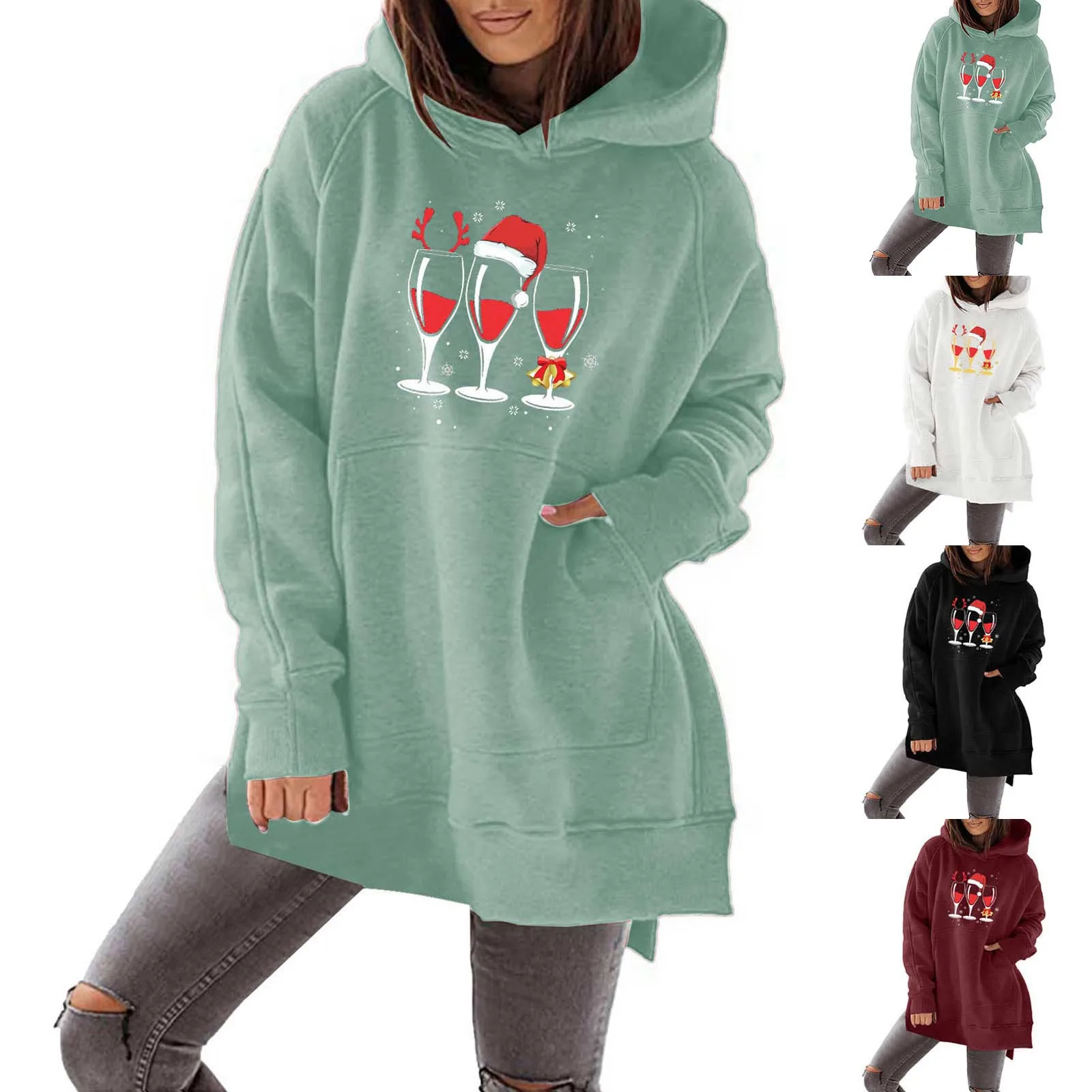 

Ladies Long Sleeve Hooded Sweatshirt Christmas Print Pocket Casual Long Pullover Sweatshirt U of M Zip up Hoodie