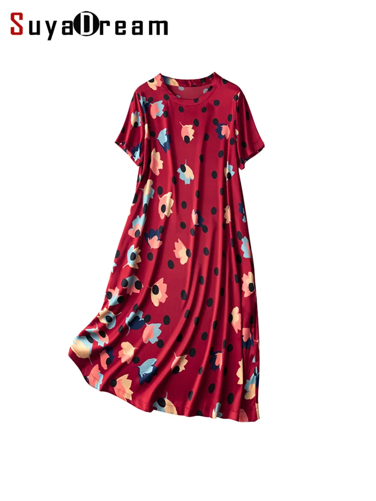 SuyaDream Women Mid Dress 22mm 93%Silk 7%Spandex Printed Short Sleeved O Neck Dresses 2022 Spring Summer Clothes Red