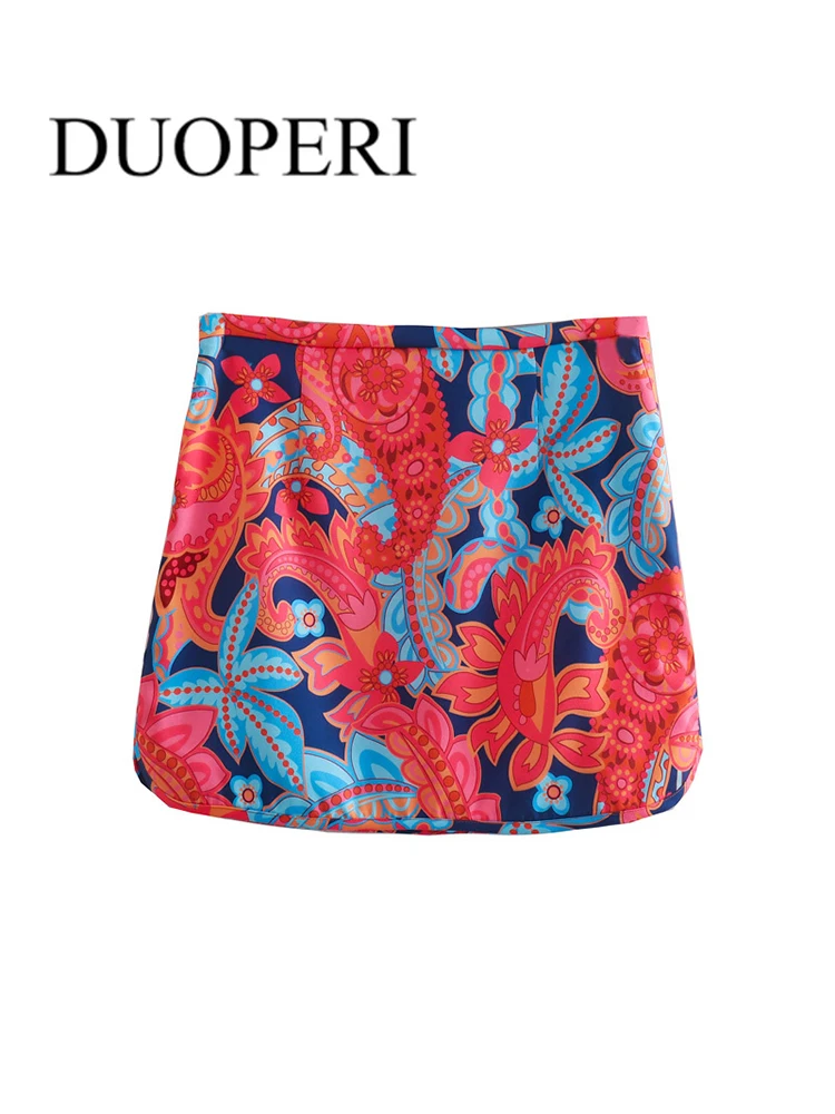 

DUOPERI Women Fashion Print Mini Skirt Vintage Zipper Fly High Waist Female Skirts Mujer Chic Outfits
