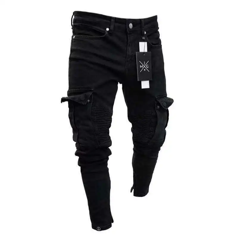Y2k Spring Autumn New Men's Stretch Jeans Trend Knee Torn Zipper Small Foot Pants Mid Waist Micro-elastic Skinny Jeans