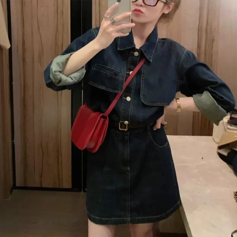 2024 весеннее винтажное джинсовое платье с длинными рукавами в американском стиле