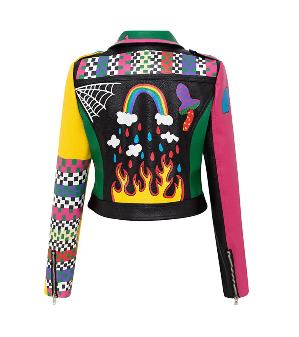 Women's spring and autumn new street personality rainbow contrast color graffiti print short belt leather punk jacket spot