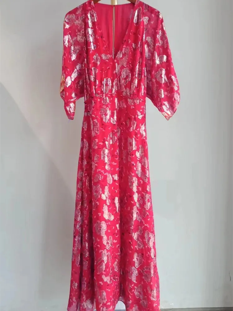 

Женское ажурное платье средней длины, красное платье с цветочным принтом, V-образным вырезом, коротким рукавом и вырезами на спине, на лето, 2023